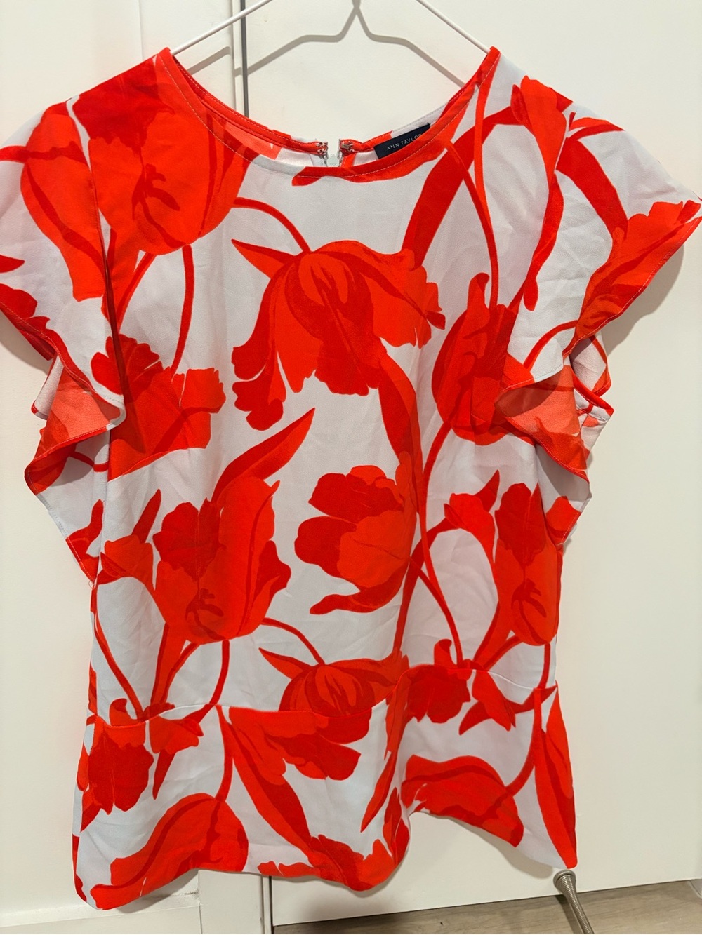 Ann Taylor Bright Red Orange Floral Ruffle Sleeve Top